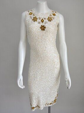 Vintage 1960s Ivory Sequin Sleeveless Gene Shelly Wiggle Dress Wedding Party